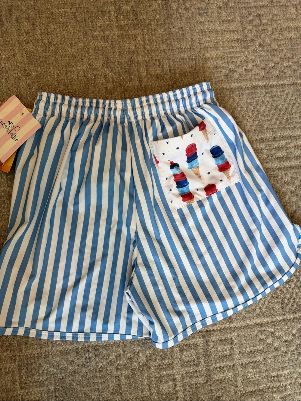 NWT James & Lottie Blue & White Striped ice cream pocket Boys Trunks size 8